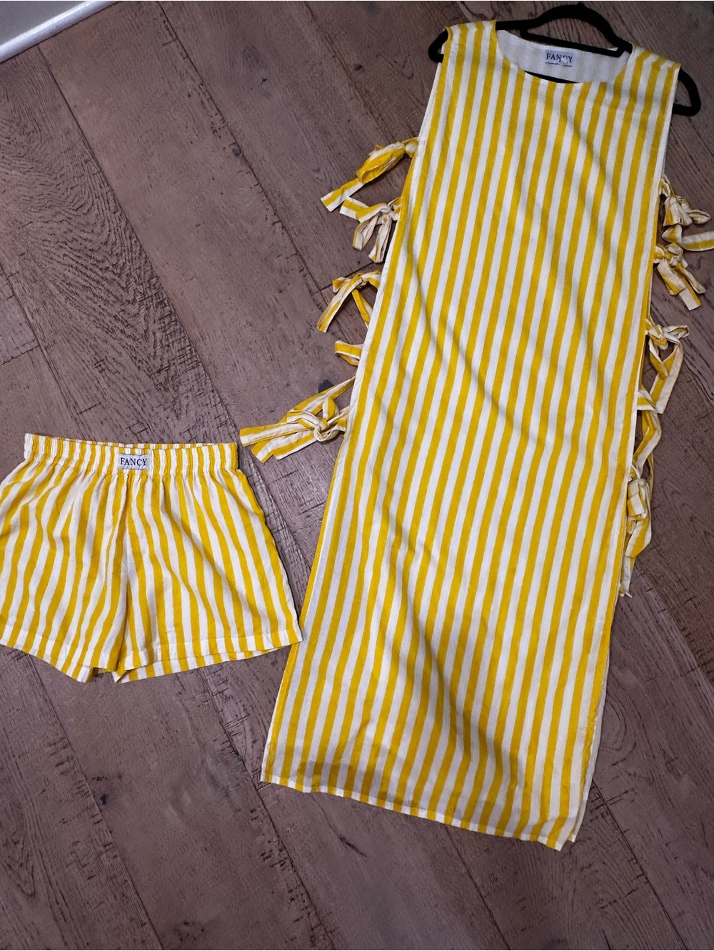 Fancy brand Yellow & White Striped Side-Tie Maxi top and shorts set, small - Picture 2 of 4